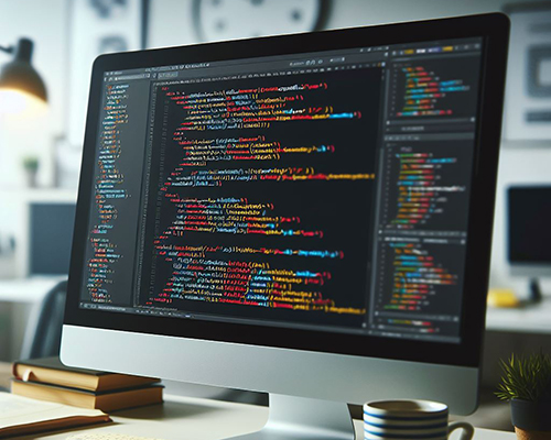 An AI-generated image showing HTML, CSS and JavaScript code on a computer.
